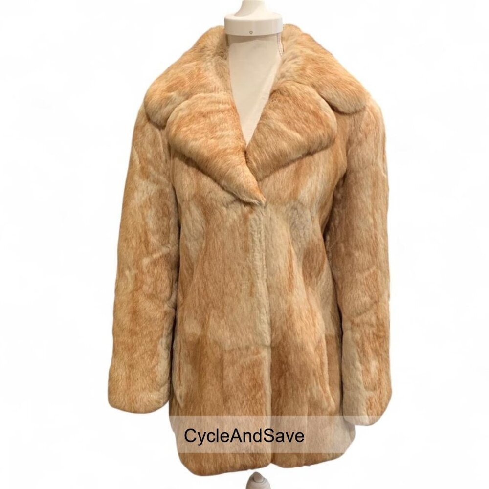 Vintage Tan & Cream Rabbit Fur Coat Jacket - Soft, Warm, Size S/38